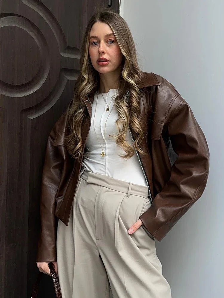 SEAME - Bianca Vegan Leather Jacket Brown L