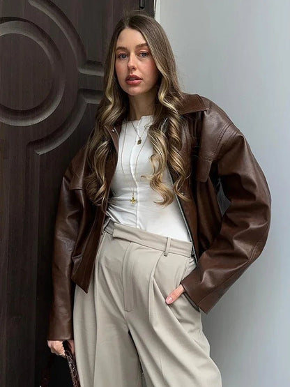 SEAME - Bianca Vegan Leather Jacket Brown L