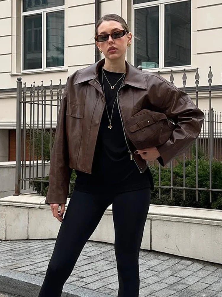 SEAME - Bianca Vegan Leather Jacket Brown S