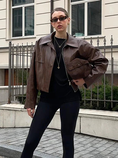 SEAME - Bianca Vegan Leather Jacket Brown S