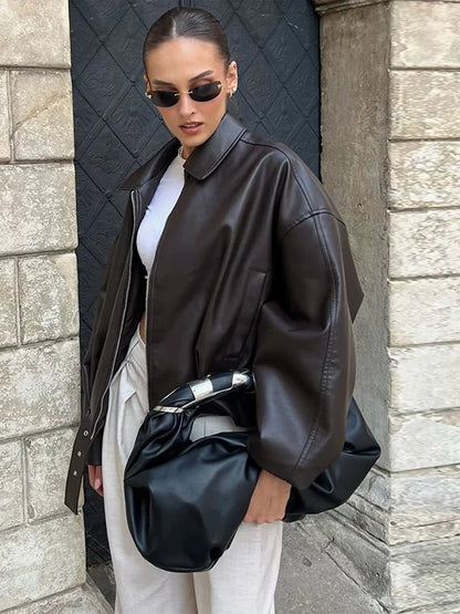 SEAME - Georgia Vegan Leather Jacket Brown S
