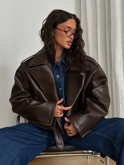 SEAME - Kyla Vegan Leather Jacket Dark Brown S