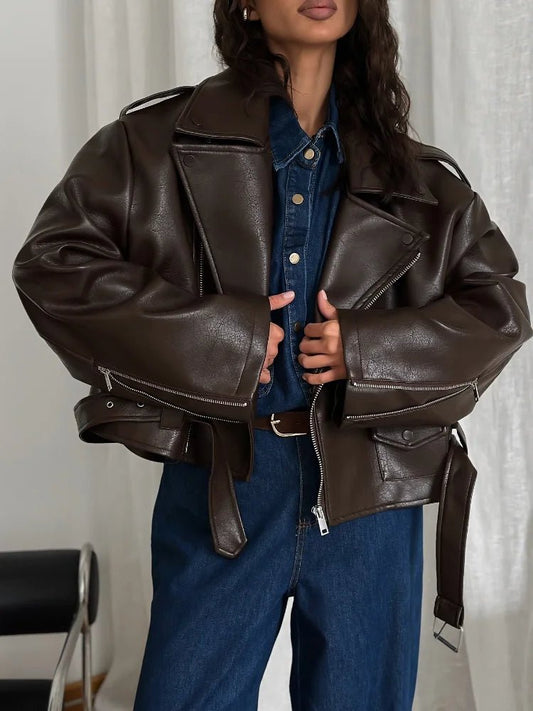 SEAME - Kyla Vegan Leather Jacket Dark Brown L